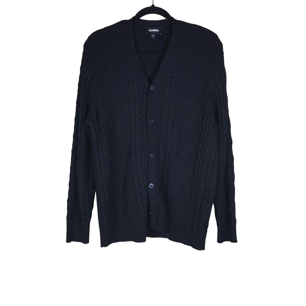 Express Cardigan Sweater Women’s Large Black Ribbed V Neck Button Front Knit